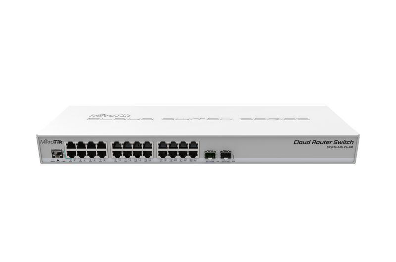Mikrotik CRS326-24G-2S+RM 24 Gigabit port switch with 2 x SFP+ cages in 1U rackmount case, Dual boot (RouterOS or SwitchOS)