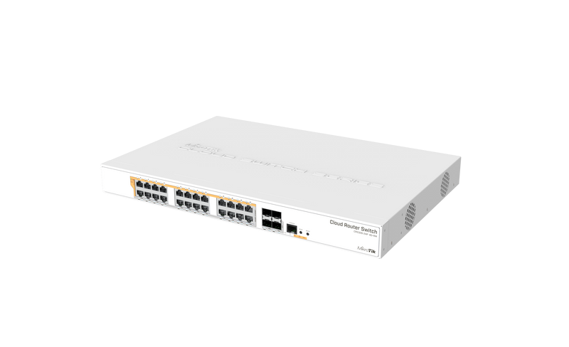Mikrotik CRS328-24P-4S+RM 24 port Gigabit Ethernet router/switch with four 10Gbps SFP+ ports in 1U rackmount case, Dual Boot and PoE output, 500W