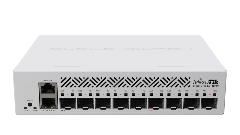Mikrotik CRS310-1G-5S-4S+IN 10 Gigabit fibre connectivity way over a 100 meters – for small offices or ISPs. Hardware offloaded VLAN-filtering and even some L3 routing