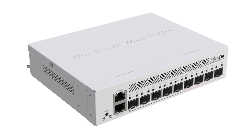 Mikrotik CRS310-1G-5S-4S+IN 10 Gigabit fibre connectivity way over a 100 meters – for small offices or ISPs. Hardware offloaded VLAN-filtering and even some L3 routing