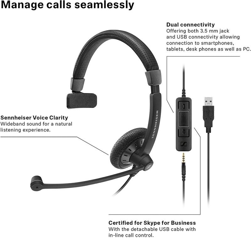 Sennheiser SC 45 USB MS (507083) - Single-Sided Business Headset | For Skype for Business, Mobile Phone, Tablet, Softphone, and PC | HD Sound & Noise-Cancelling Microphone (Black)
