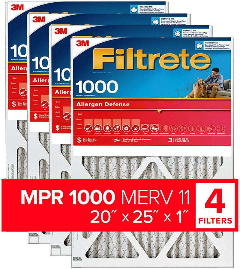 Filtrete 20x25x1, AC Furnace Air Filter, MPR 1000, Micro Allergen Defense, 4-Pack (exact dimensions 19.69 x 24.69 x 0.81)