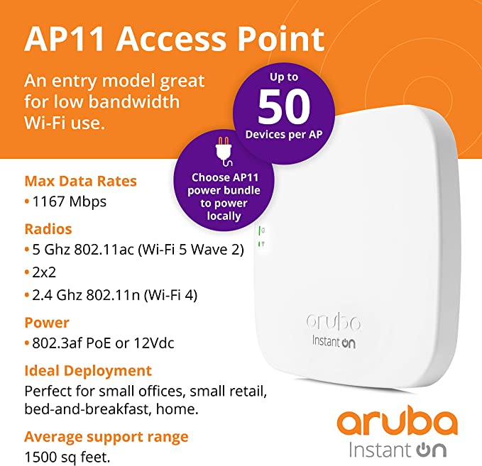 Aruba Instant On AP11 2x2 WiFi Access Point | US Model | Power Source Included (R3J21A)