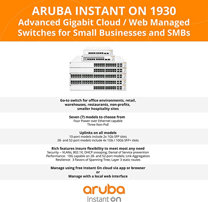 Aruba Instant On 1930 28P Gb Ethernet 24xGE PoE (370W), 4X 1G/10G SFP+, L2+ Smart Switch EU Europe Cord