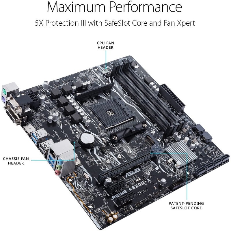 ASUS Ryzen AM4 DDR4 HDMI DVI-D VGA M.2 USB 3.1 PS/2 Micro-ATX Motherboard (PRIME A320M-A)